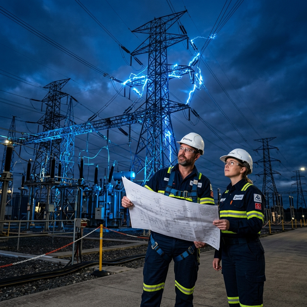 Ingenieros de ELECTUX inspeccionando planos en obra